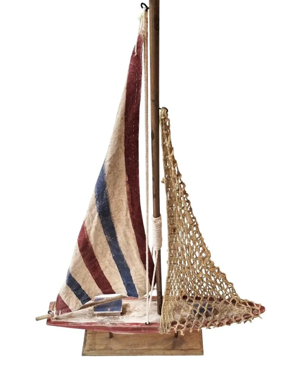 Vintage Wooden Sailboat Model With Striped Fabric Sails And Net Rigging - 20 Inc